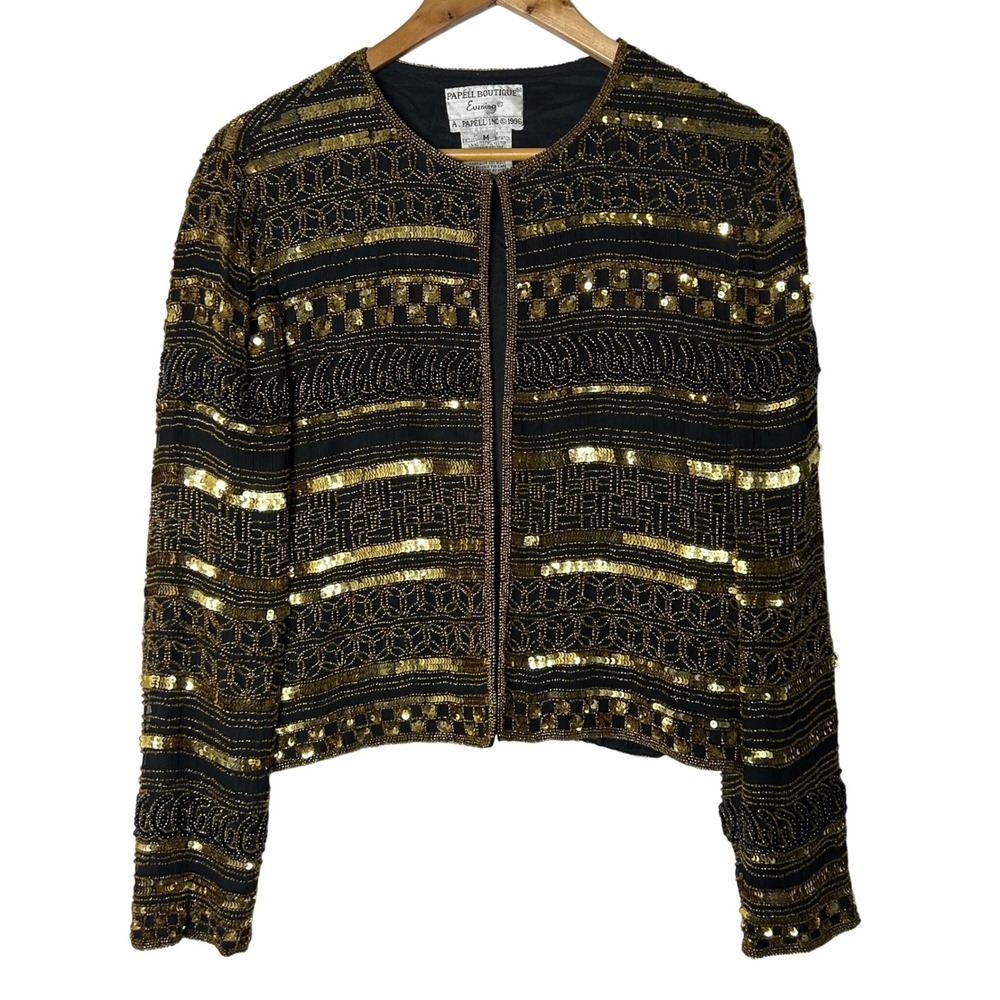 Papell Boutique Blazer M Bolero‎ Evening Black Gold Beaded Sequin Silk Vintage